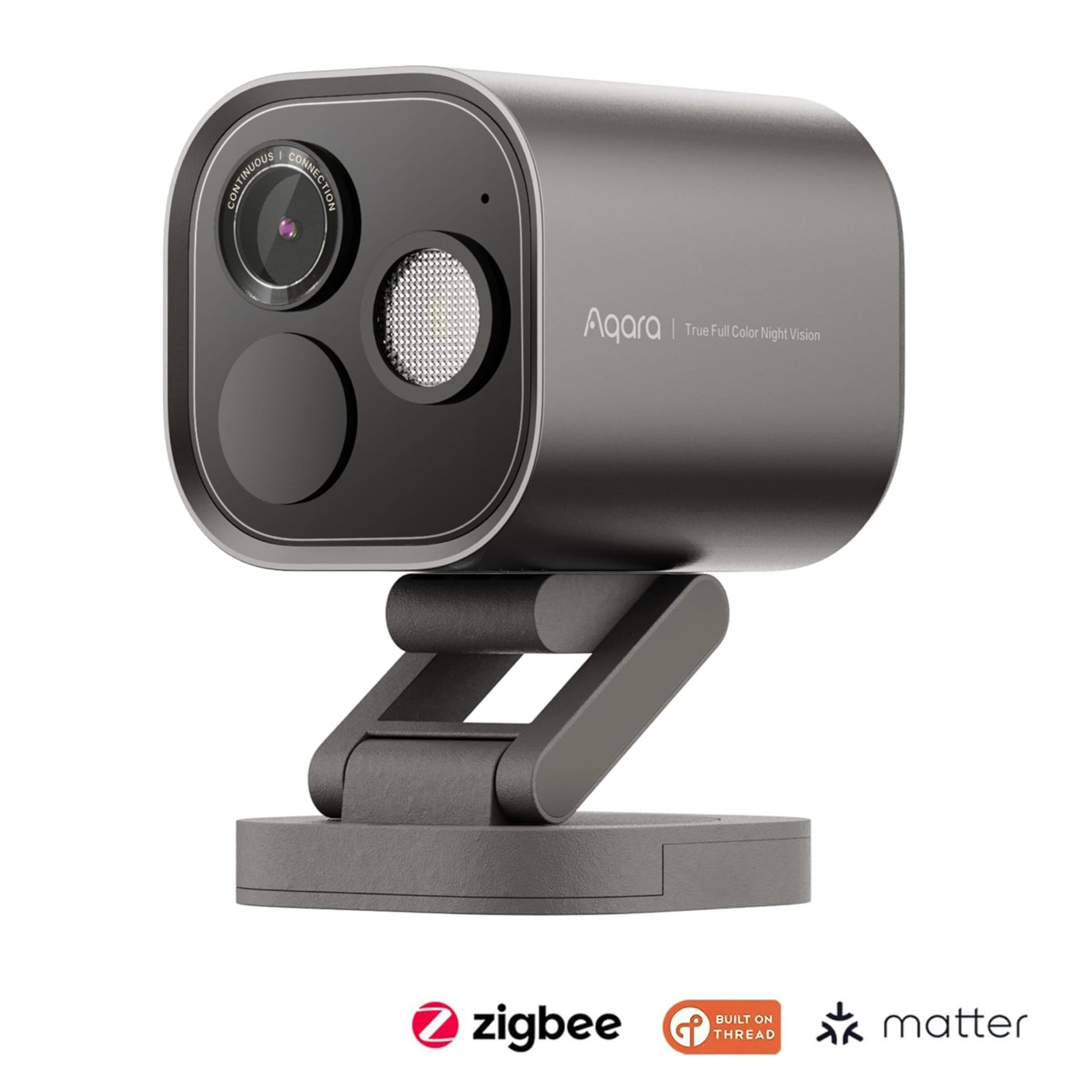 Aqara Camera Hub G5 Pro WiFi grå, 2.6K, justerbar base, Zigbee, Thread og Matter logoer under kameraet.