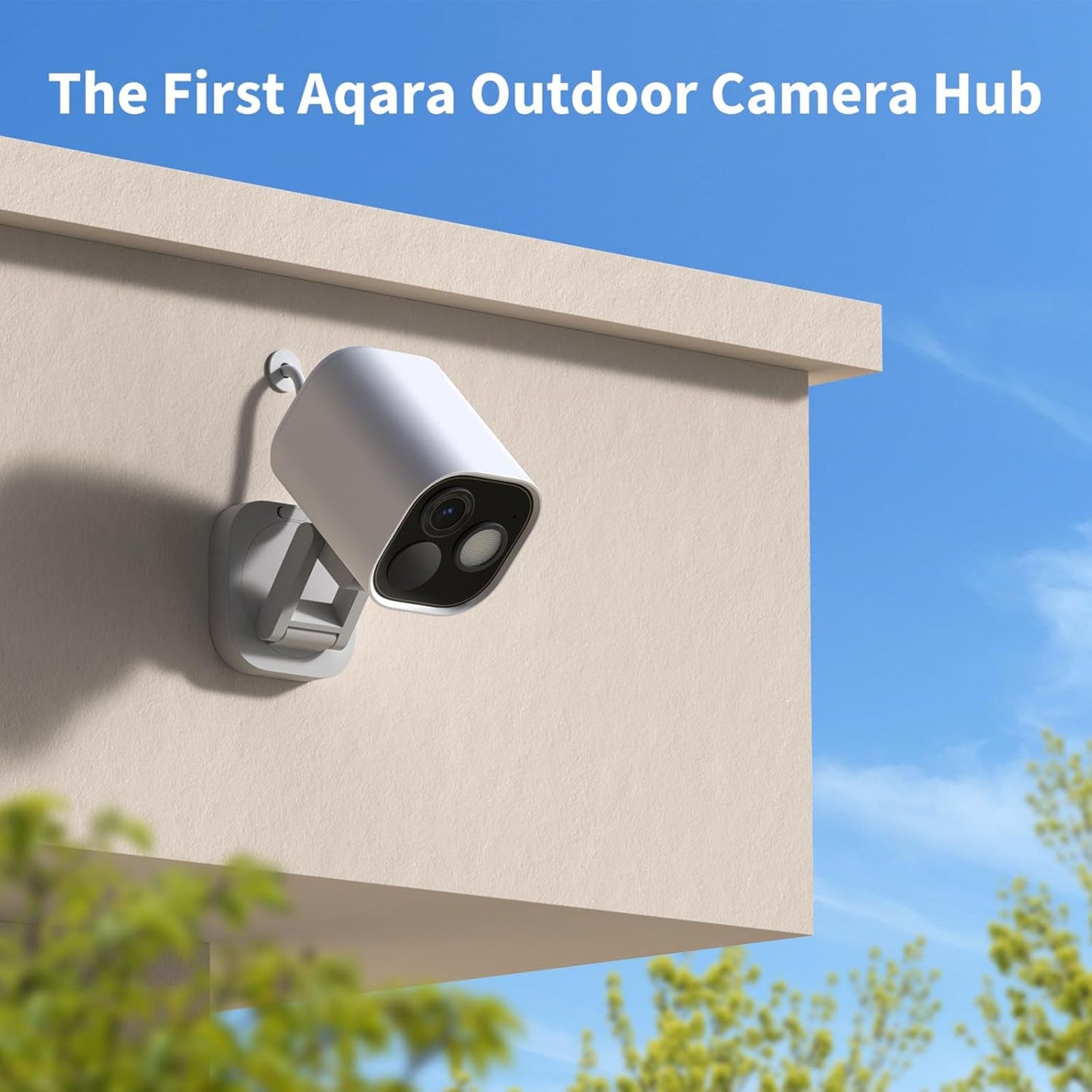 Aqara Camera Hub G5 Pro WiFi grå, udendørs på bygningshjørne, blå himmel, tekst: Den første Aqara udendørs kamerahub.