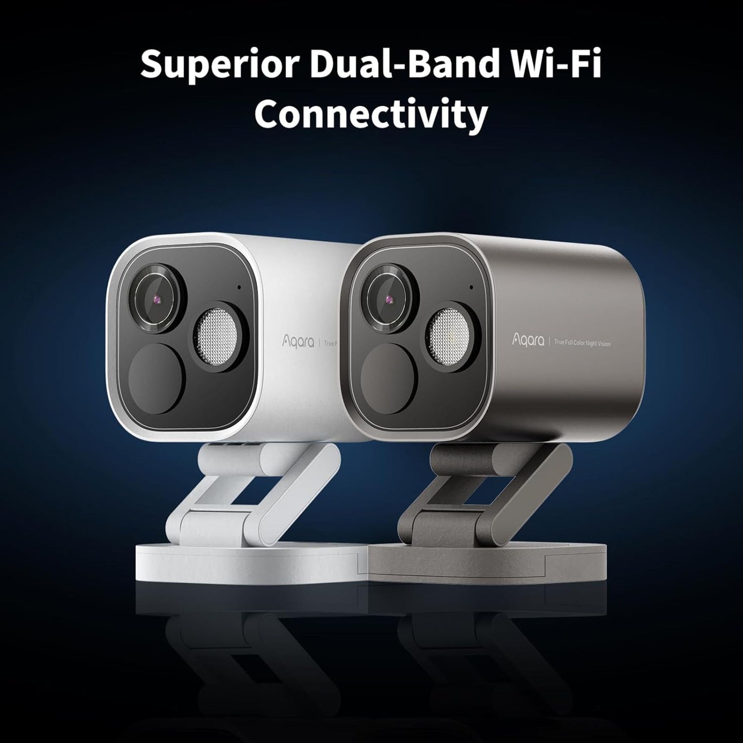 Aqara Camera Hub G5 Pro WiFi grå, to enheder på stand side om side, tekst: Overlegen Dual-Band Wi-Fi-forbindelse.