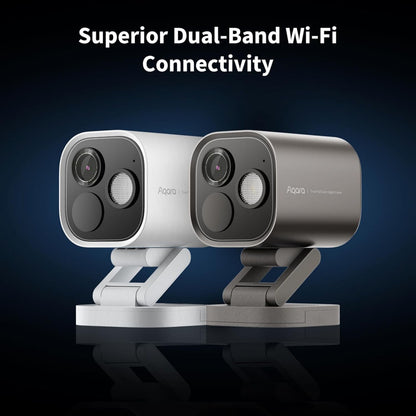 Aqara Camera Hub G5 Pro WiFi grå, to enheder på stand side om side, tekst: Overlegen Dual-Band Wi-Fi-forbindelse.