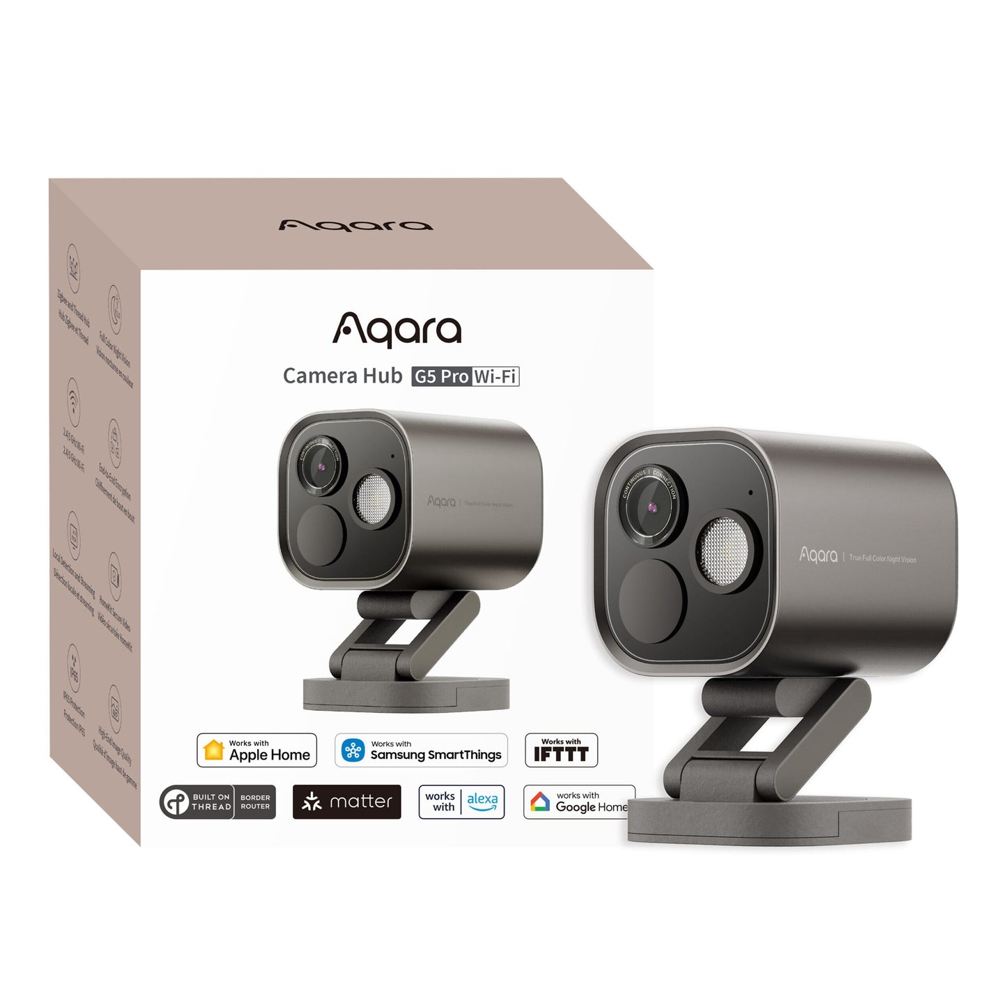 Aqara Camera Hub G5 Pro WiFi smart home kamera grå med synligt produktnavn og Apple Home samt Google Home logo på emballage.