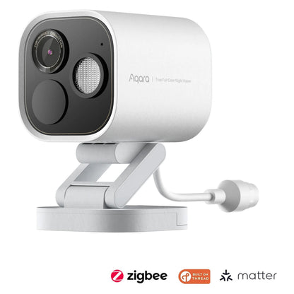 Aqara Camera Hub G5 Pro PoE hvid overvågningskamera med rund linse, nattesyn, stativ og Zigbee Thread Matter logoer.