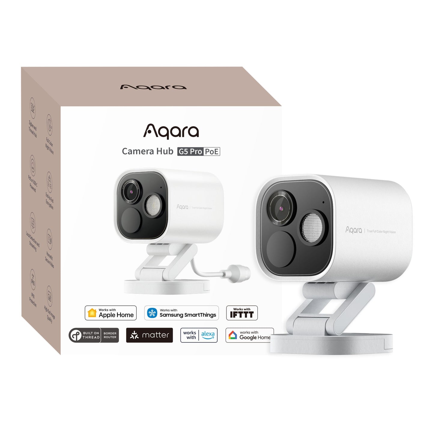 Aqara Camera Hub G5 Pro PoE overvågningskamera ved æske med logoer til Apple Home, SmartThings, IFTTT, Matter, Alexa, Google Home.
