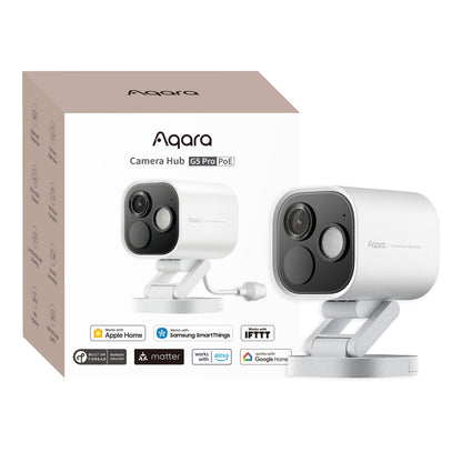 Aqara Camera Hub G5 Pro PoE overvågningskamera ved æske med logoer til Apple Home, SmartThings, IFTTT, Matter, Alexa, Google Home.