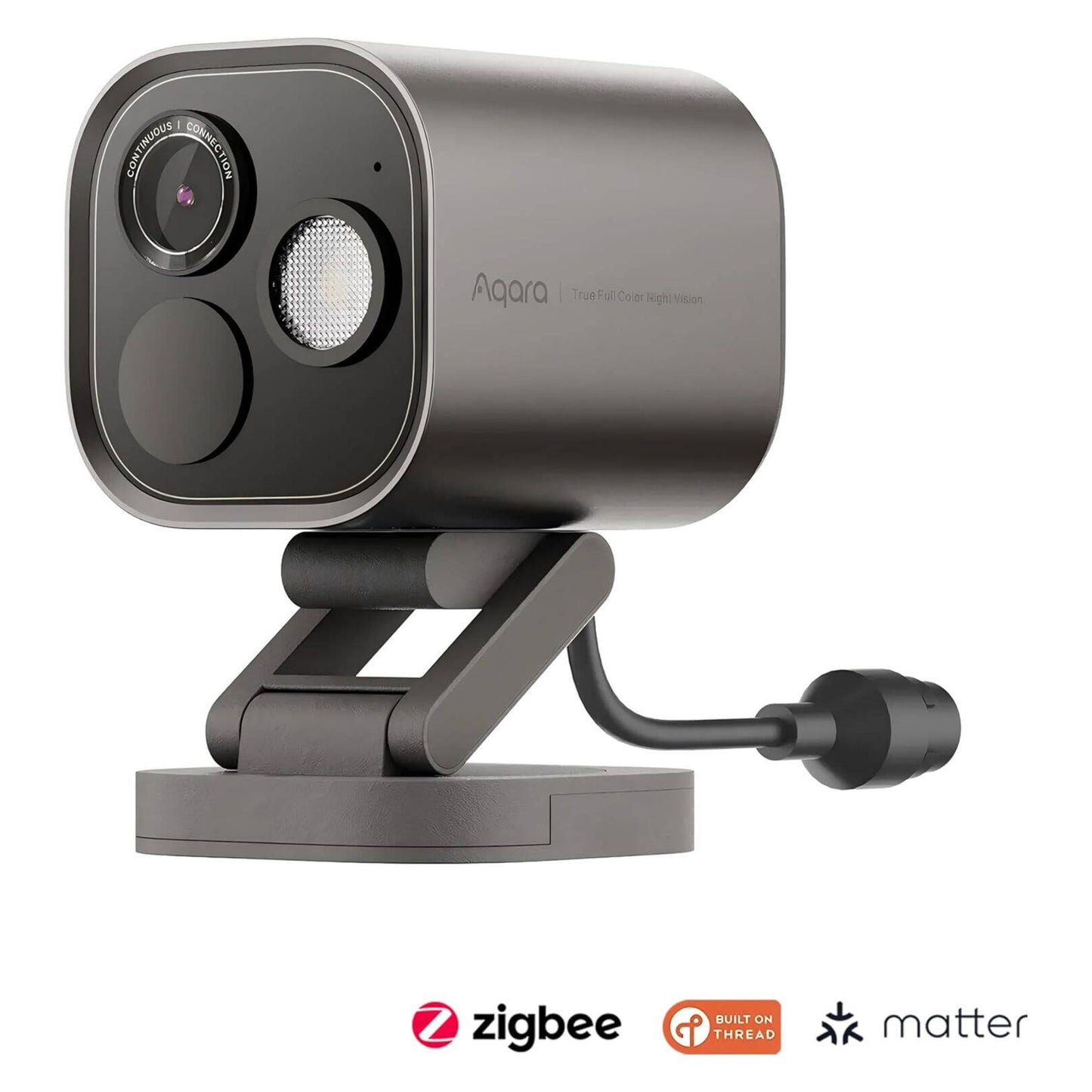 Aqara Camera Hub G5 Pro PoE grå overvågningskamera med smart home-hub på stativ, kablet, Zigbee Thread Matter logoer.