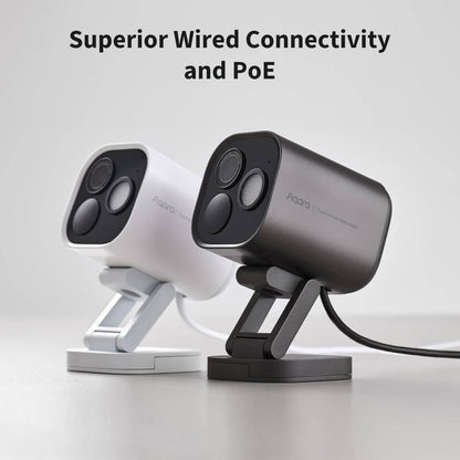 Aqara Camera Hub G5 Pro PoE grå overvågningskameraer på standere med tilsluttede kabler og tekster Superior Wired Connectivity and PoE.