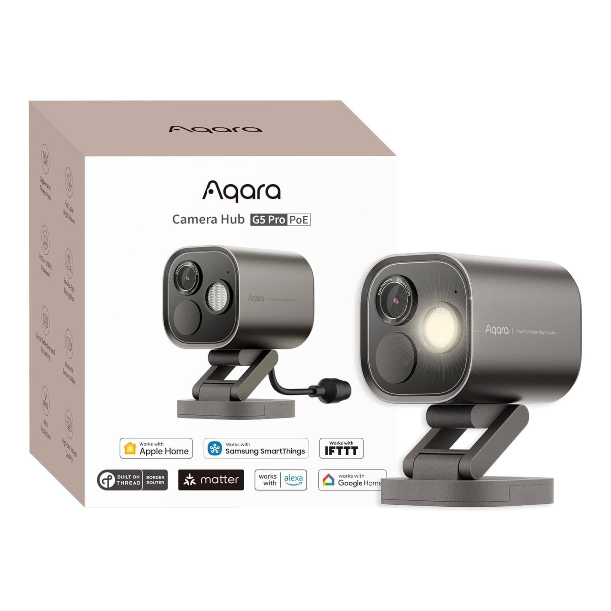 Aqara Camera Hub G5 Pro PoE overvågningskamera ved æske med Apple Home, Google Home, Alexa, Matter og IFTTT logoer.