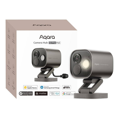 Aqara Camera Hub G5 Pro PoE overvågningskamera ved æske med Apple Home, Google Home, Alexa, Matter og IFTTT logoer.