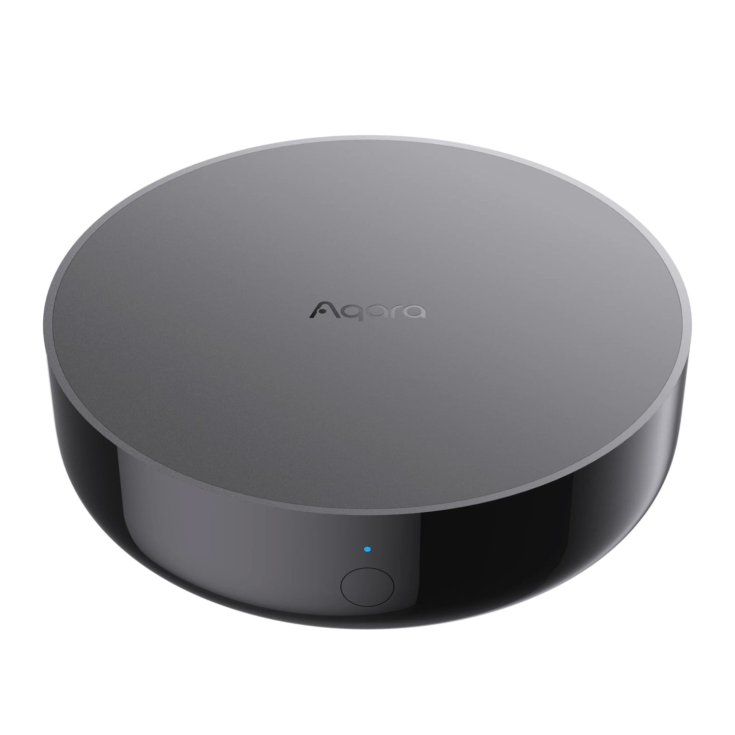 Aqara Hub M200 sort rund smart hub med Matter, Zigbee og Thread, Aqara-logo på top, knap og blåt indikatorlys foran.