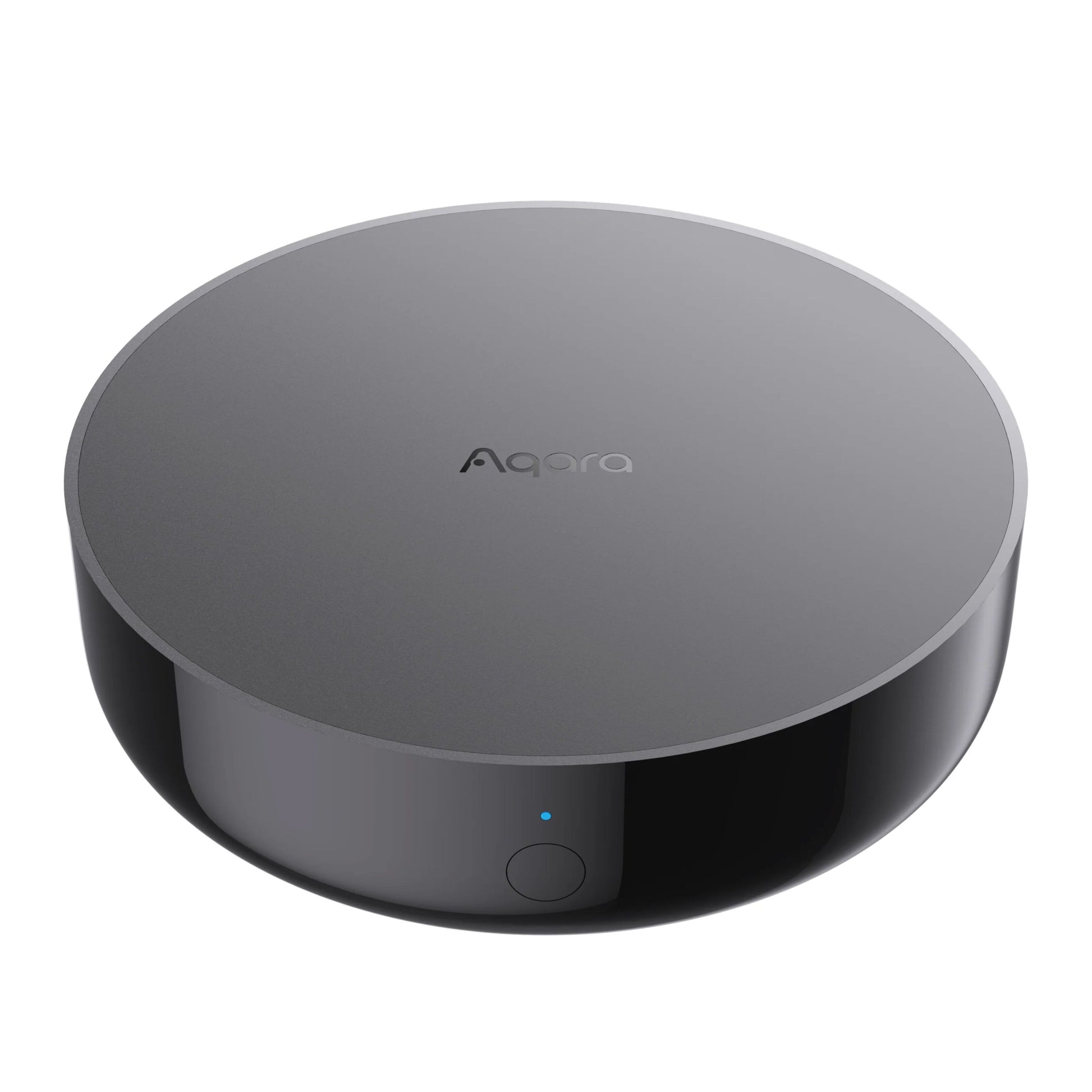 Aqara Hub M200 sort rund smart hub med Matter, Zigbee og Thread, Aqara-logo på top, knap og blåt indikatorlys foran.