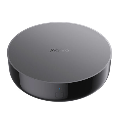 Aqara Hub M200 sort rund smart hub med Matter, Zigbee og Thread, Aqara-logo på top, knap og blåt indikatorlys foran.