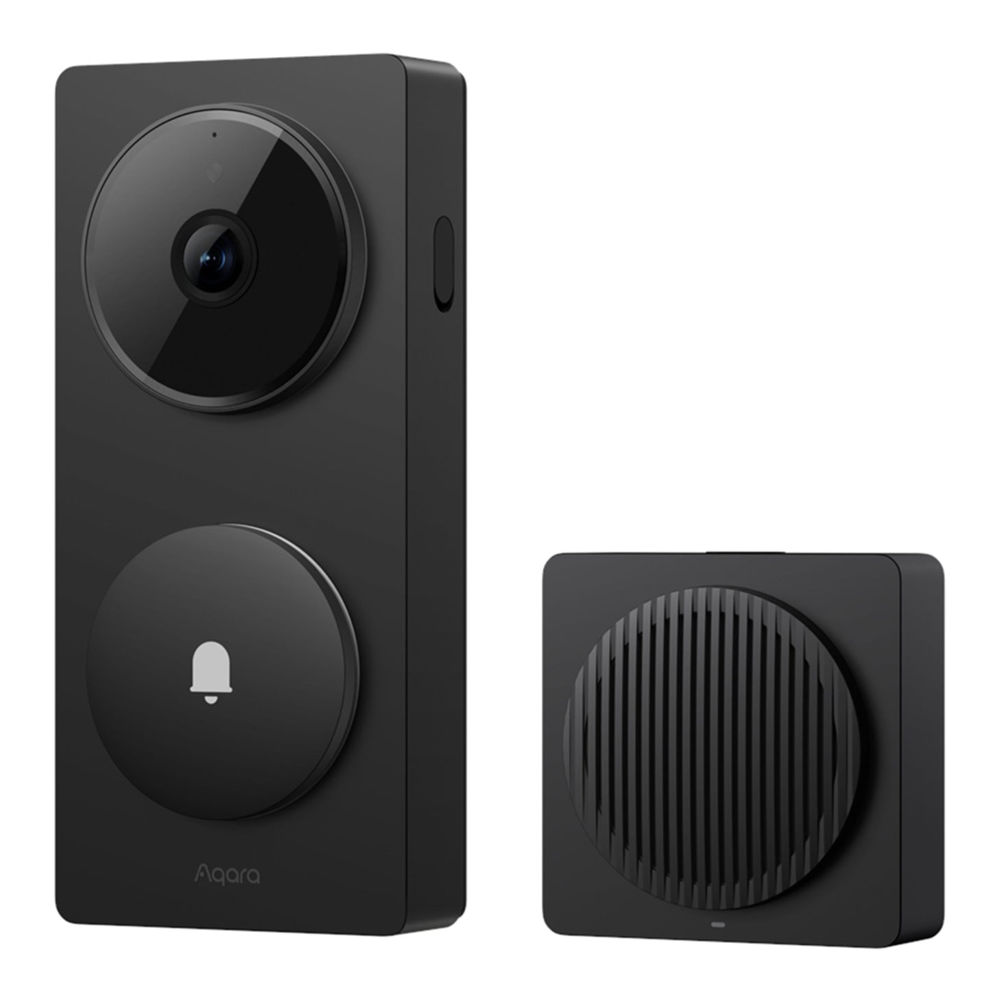 Aqara dørklokke kamera hub G410 sort, kamera øverst, ringeknapp under, trådløs chime med rund rillet front.