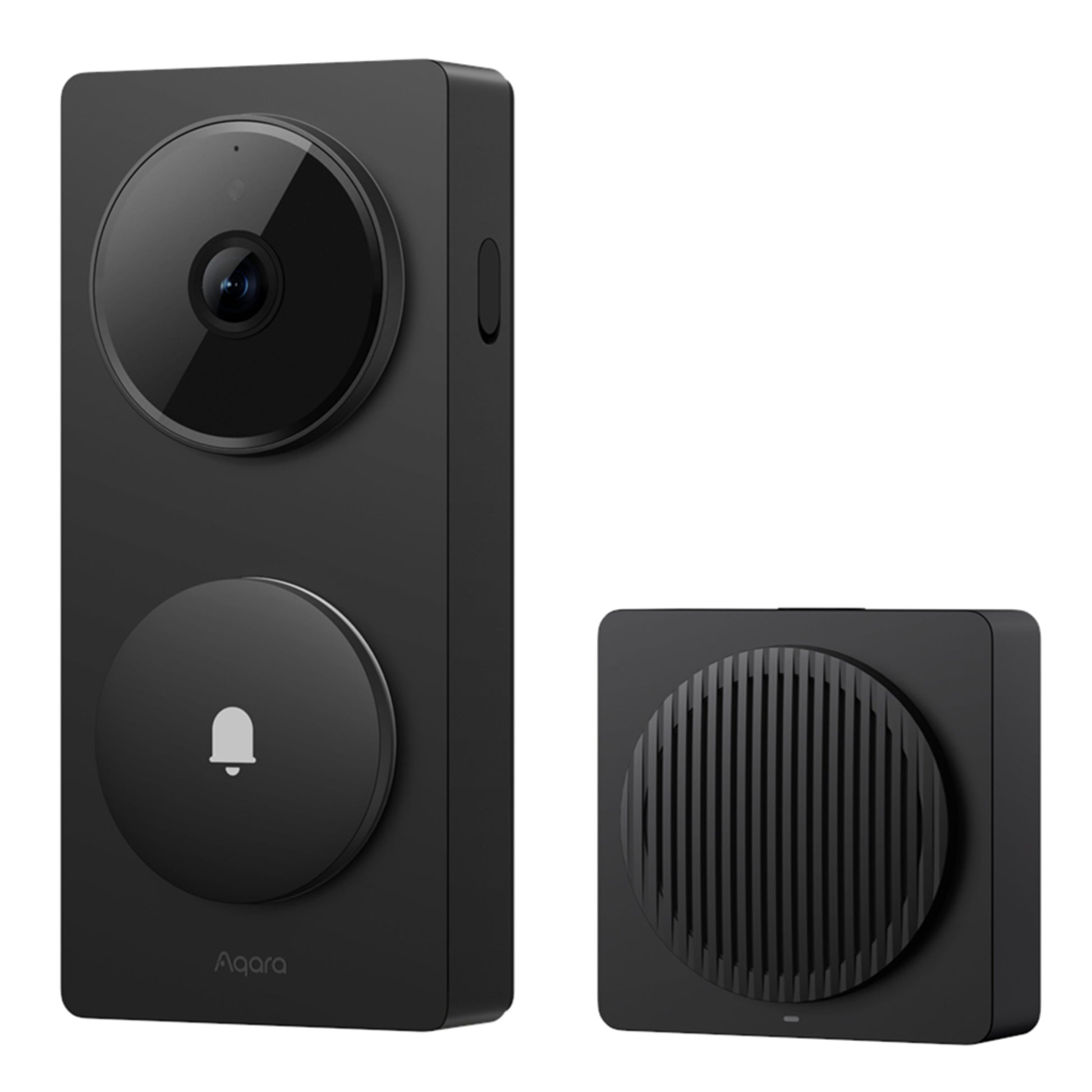Aqara dørklokke kamera hub G410 sort, kamera øverst, ringeknapp under, trådløs chime med rund rillet front.