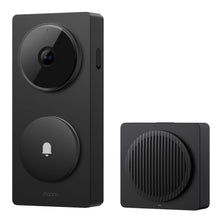 Aqara dørklokke kamera hub G410 sort, kamera øverst, ringeknapp under, trådløs chime med rund rillet front.