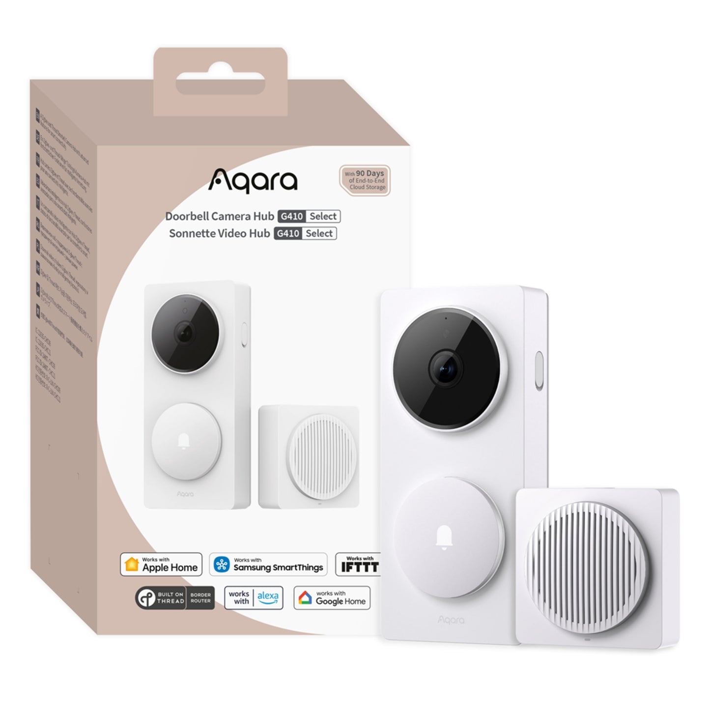 Aqara dørklokke kamera hub G410 hvid, emballage viser Zigbee-understøttelse, Apple Home, Google Home, SmartThings, IFTTT.