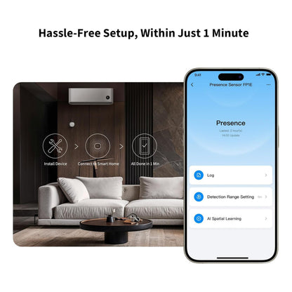 Aqara Presence Sensor FP1E installationsikoner, grå sensor, app på smartphone, tekst: Problemfri opsætning inden for 1 minut.