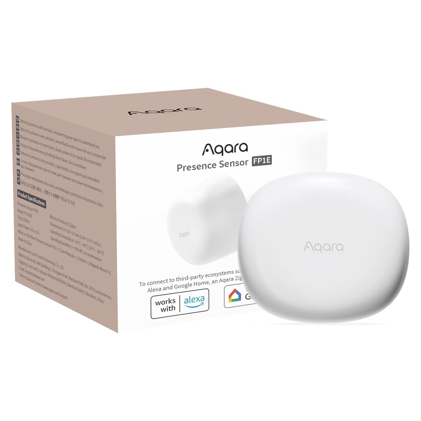 Aqara Presence Sensor FP1E bevægelsessensor hvid med afrundede kanter, Aqara-logo, æske viser Alexa og Google Home kompatibilitet.