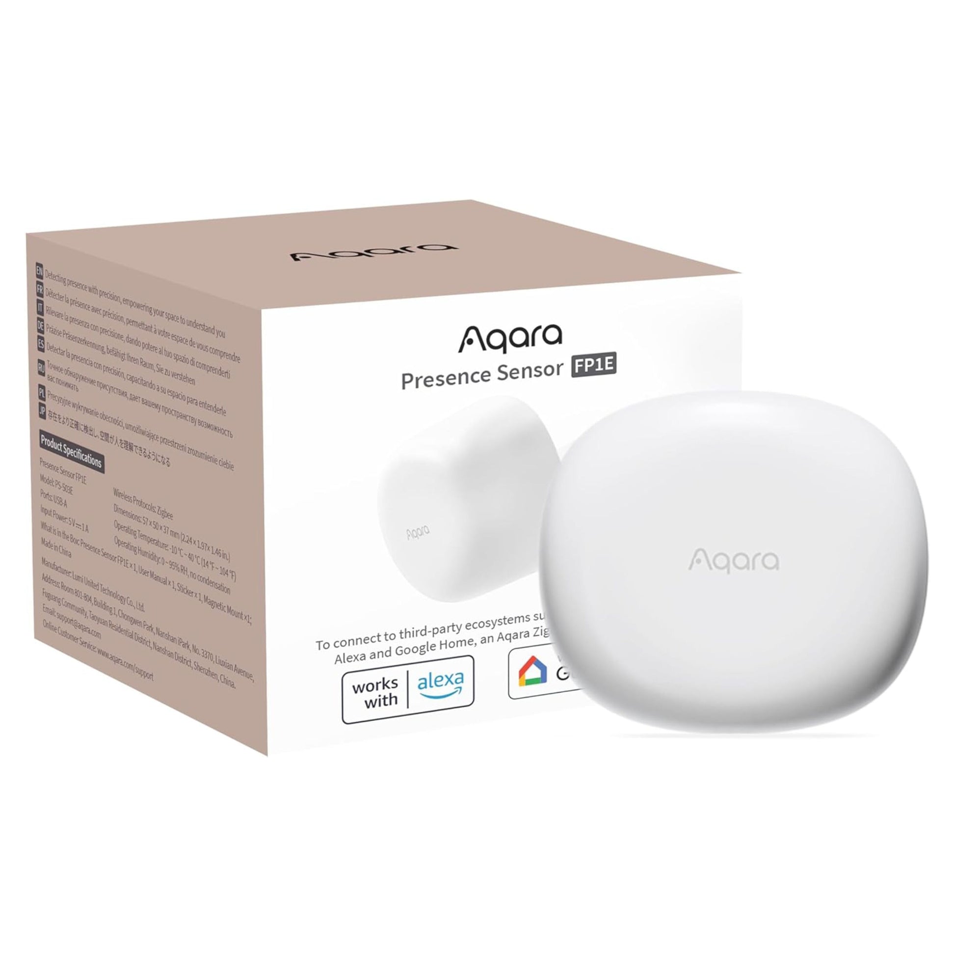 Aqara Presence Sensor FP1E bevægelsessensor hvid med afrundede kanter, Aqara-logo, æske viser Alexa og Google Home kompatibilitet.