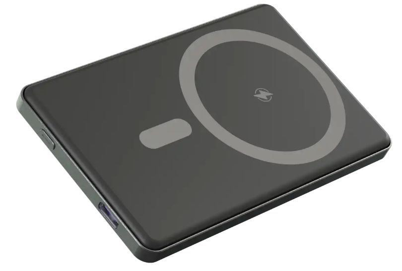 Magsafe powerbank, sort, 5000mAh, trådløs opladning til iPhone, cirkulært ladefelt og lyn-ikon.