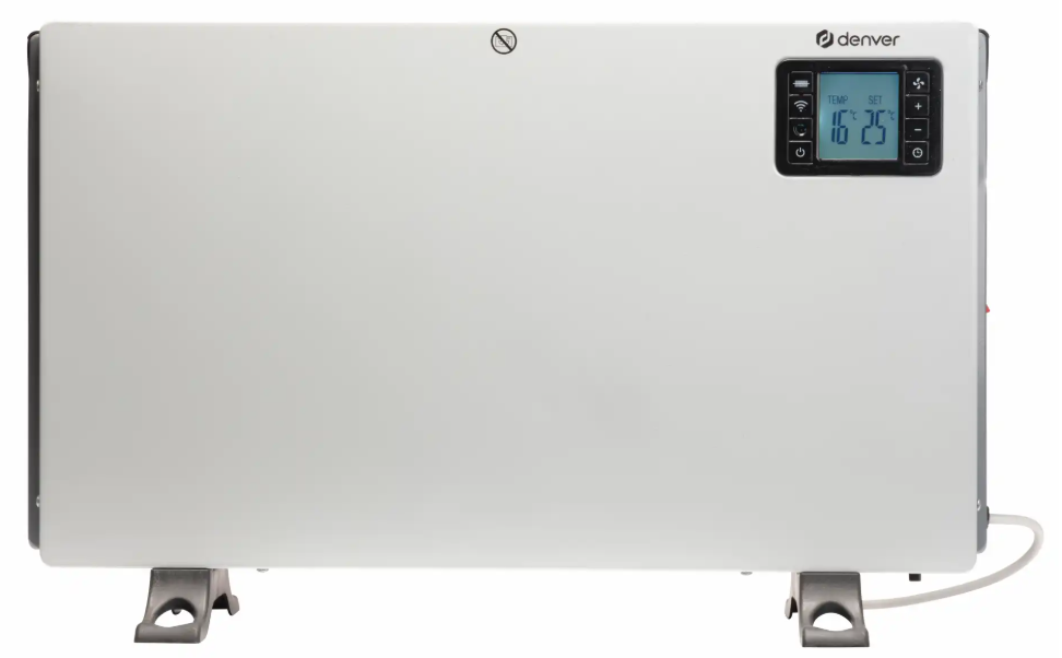 Denver Smart Wi-Fi Radiator 2000W hvid, to metalfødder, digitalt display, elektronisk termostat, logo og synlig ledning højre.