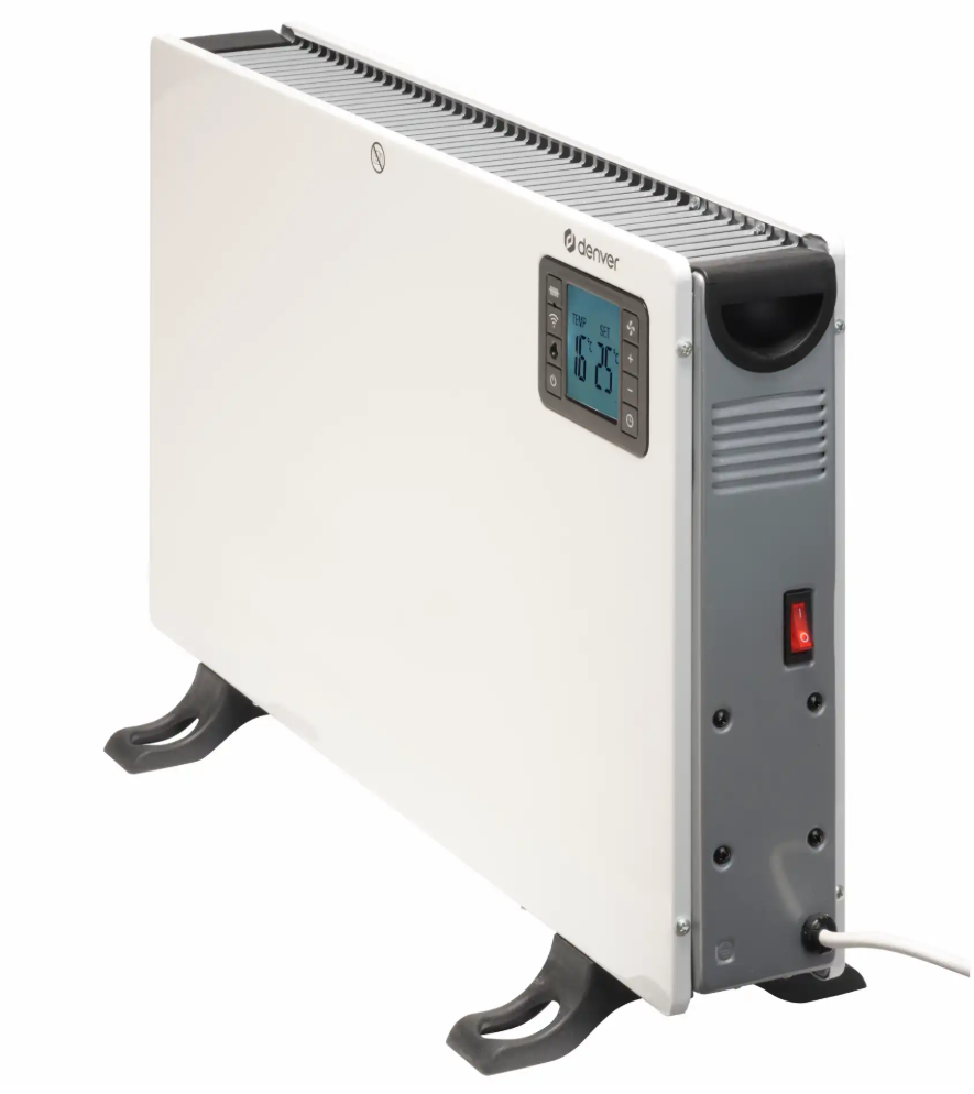 Denver Smart Wi-Fi Radiator 2000W hvid el-radiator, sorte fødder, digitalt display, kontrolknapper, termostat, tænd/sluk.