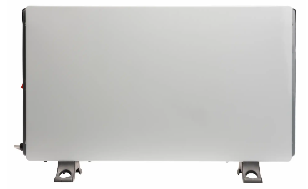 Denver Smart Wi-Fi radiator 2000W hvid med sort kant, to slags fødder, rød kontakt og elektronisk termostat.