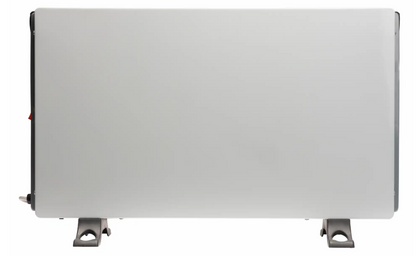 Denver Smart Wi-Fi radiator 2000W hvid med sort kant, to slags fødder, rød kontakt og elektronisk termostat.