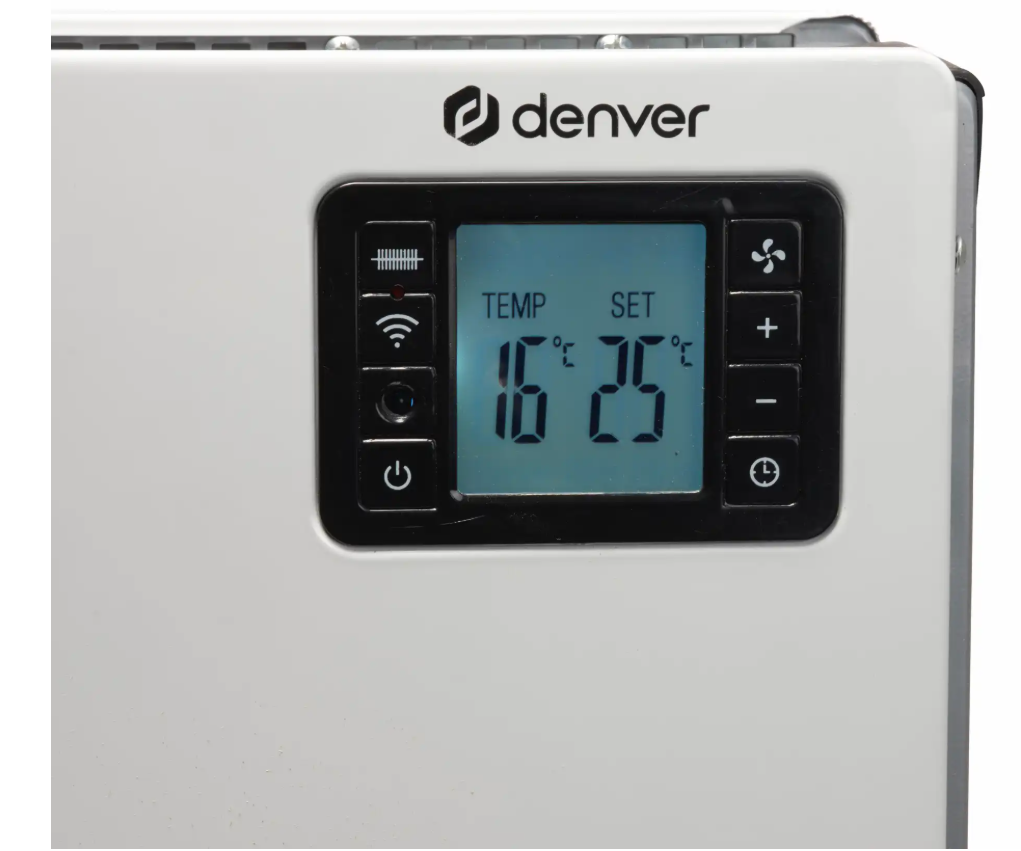 Denver Smart Wi-Fi radiator 2000 W, kontrolpanel med digitalt display (16°C/25°C), elektronisk termostat, knapper og ikoner.