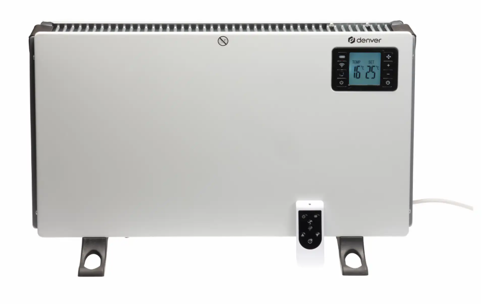 Denver Smart Wi-Fi Radiator 2000 W, rektangulær, sorte topventiler, digitalt display, fjernbetjening, to sorte fødder.