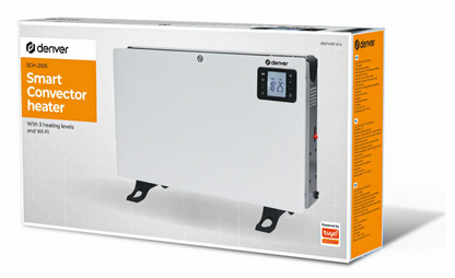 Denver Smart Wi-Fi Radiator 2000W i æske med digitalt display, knapper, sorte fødder og elektronisk termostat.