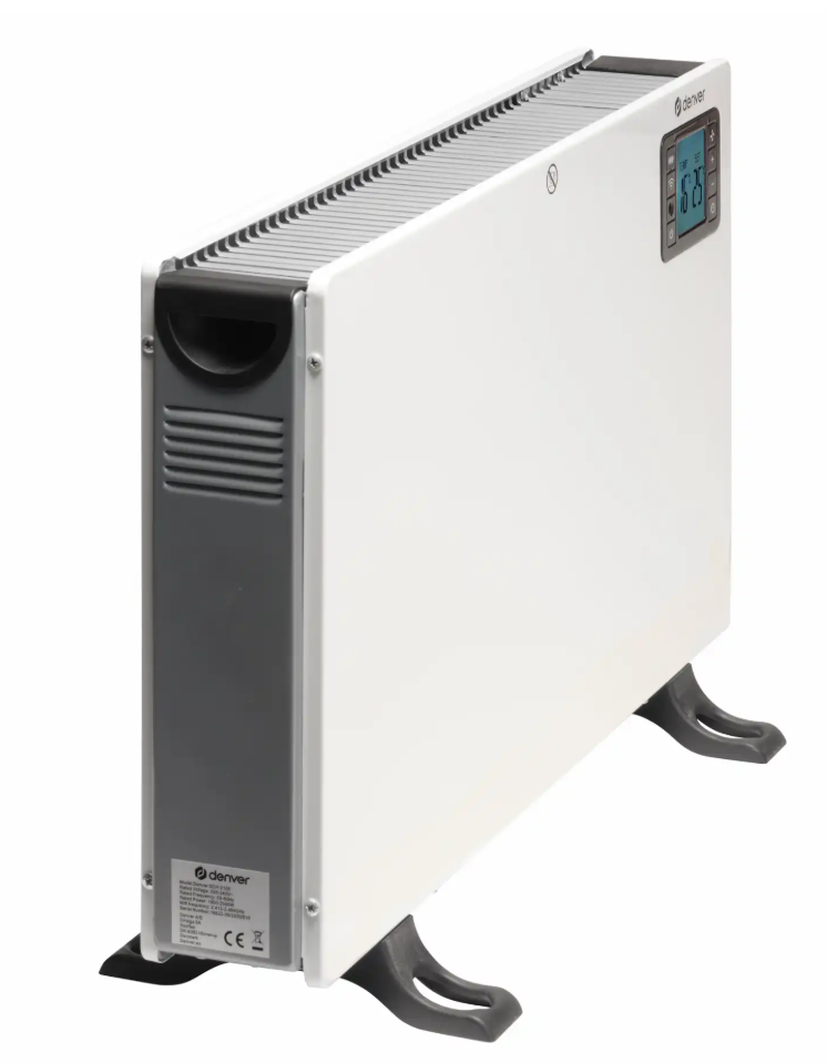 Denver Smart Wi-Fi Radiator 2000 W elradiator hvid/grå digital display, knapper øverst til højre, to sorte fødder, termostat.