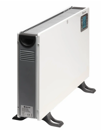 Denver Smart Wi-Fi Radiator 2000 W elradiator hvid/grå digital display, knapper øverst til højre, to sorte fødder, termostat.