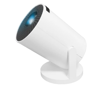 Denver LED Projektor, hvid cylinder med sort ventileret front, sidemonteret arm, rund fod, projicerer blå HD Ready lys.
