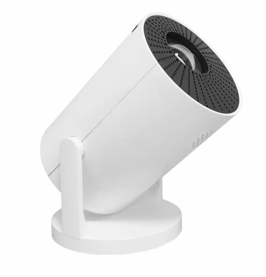 Denver LED-projektor, cylinderformet med cirkulær fod, skrå opad, HD Ready-linse og sort perforeret frontgrill.