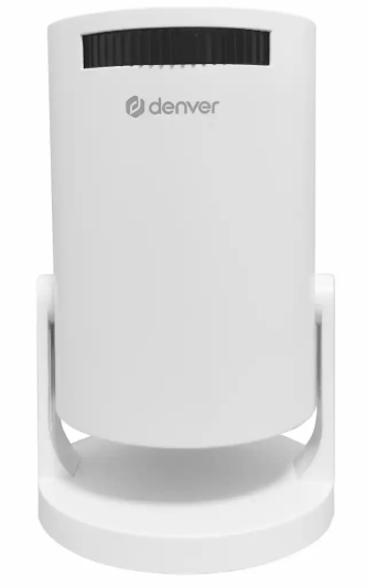 Denver LED mini projektor, hvid cylinder med sort ventil eller sensor øverst, Denver logo foran, rund base.