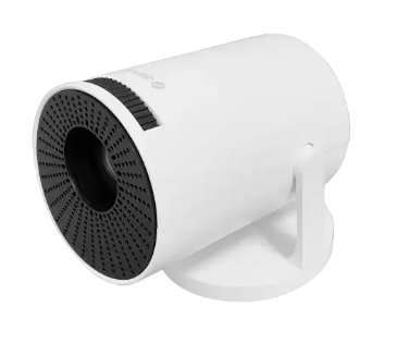 Denver LED projektor, hvid cylinder med sort front på rund base, let opad/til højre vinkel, HD Ready.