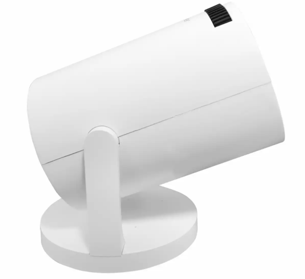 Denver LED Projektor, hvid cylinderformet LED-spotlight på rund base med kort lodret støtte og sort kontrolknap bagpå.