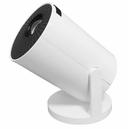 Denver LED projektor, hvid cylinder, sort perforeret front, rund base, opadvendt linse, HD Ready LED.