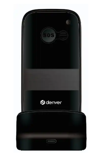 Denver Senior Mobil sort klaptelefon i lader med kamera over logo og synlig SOS-knap, designet til seniorer.