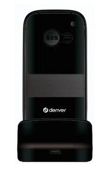 Denver Senior Mobil sort klaptelefon i lader med kamera over logo og synlig SOS-knap, designet til seniorer.