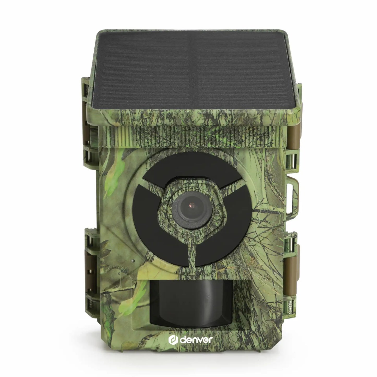 Denver Digitalt Vildtkamera i camouflage med solpanel på toppen, centralt rundt objektiv og Denver-logo.