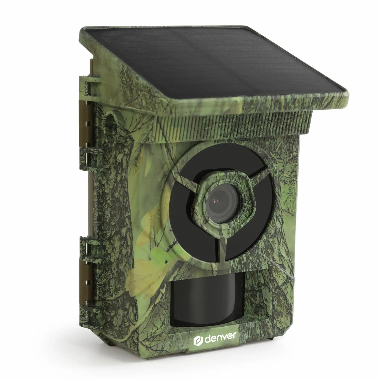 Denver digitalt vildtkamera med grøn camouflage, solcellepanel på toppen, centralt objektiv og Denver-logo.