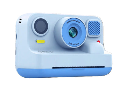 DENVER Børnekamera med print, blå, stor linse, søger, blå front-højtaler, rund form og slot til instant print i bunden.