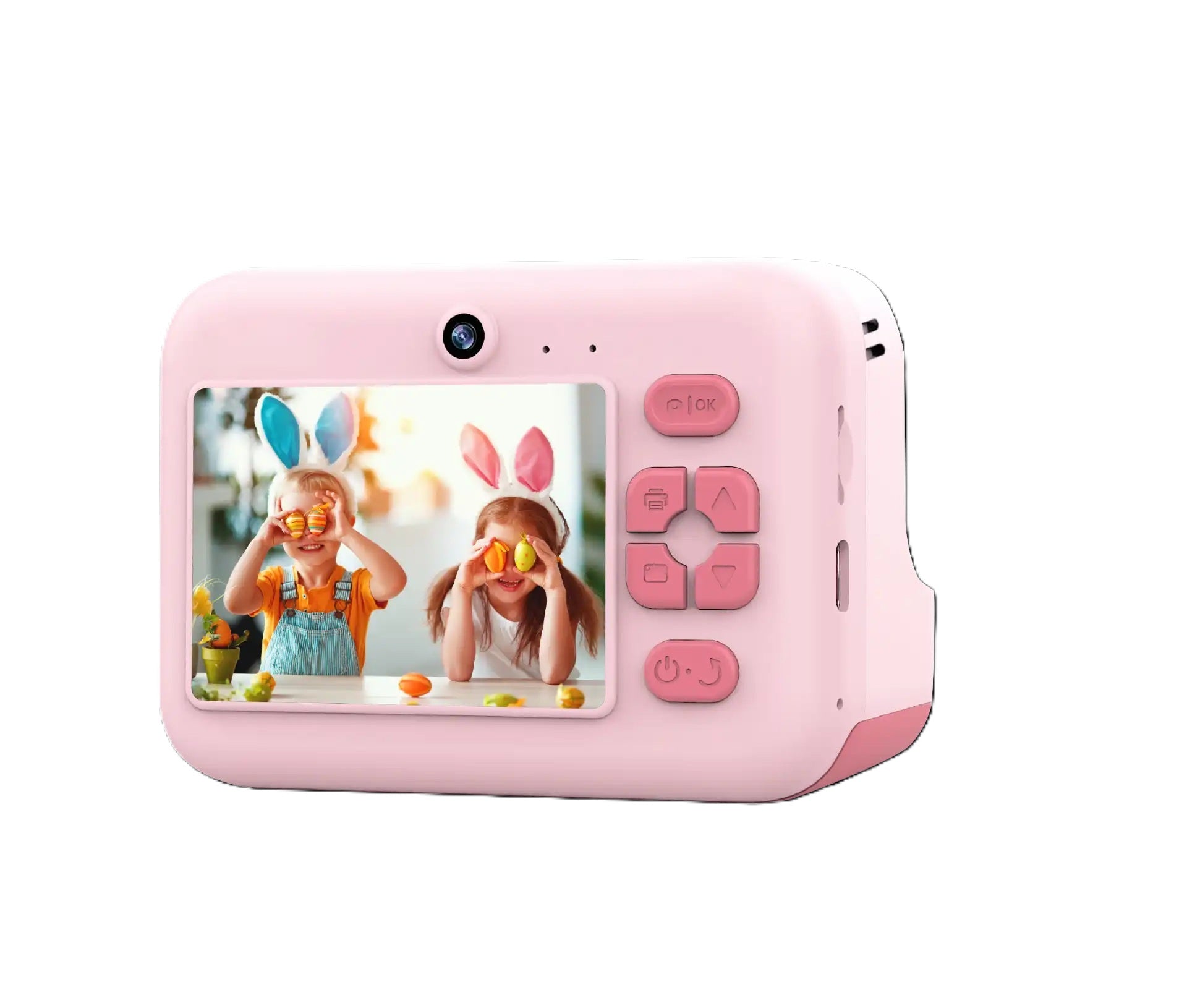 DENVER Børnekamera med print Pink model vises med foto af to børn iført kaninører og påskeæg foran øjnene.