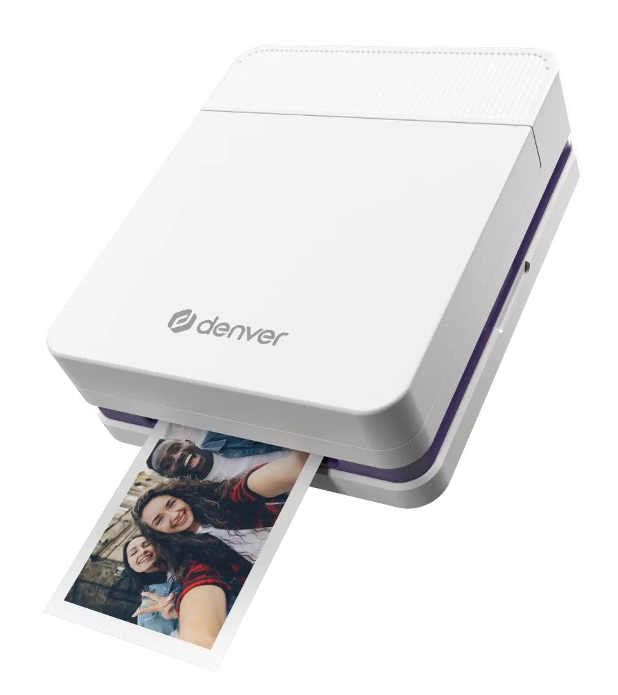 Denver MCP-6010 mobil farve blækprinter udskriver foto af tre personer, Bluetooth, genopladeligt batteri.
