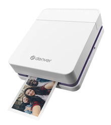 Denver MCP-6010 mobil farve blækprinter udskriver foto af tre personer, Bluetooth, genopladeligt batteri.