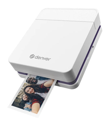 Denver MCP-6010 mobil farve blækprinter udskriver foto af tre personer, Bluetooth, genopladeligt batteri.