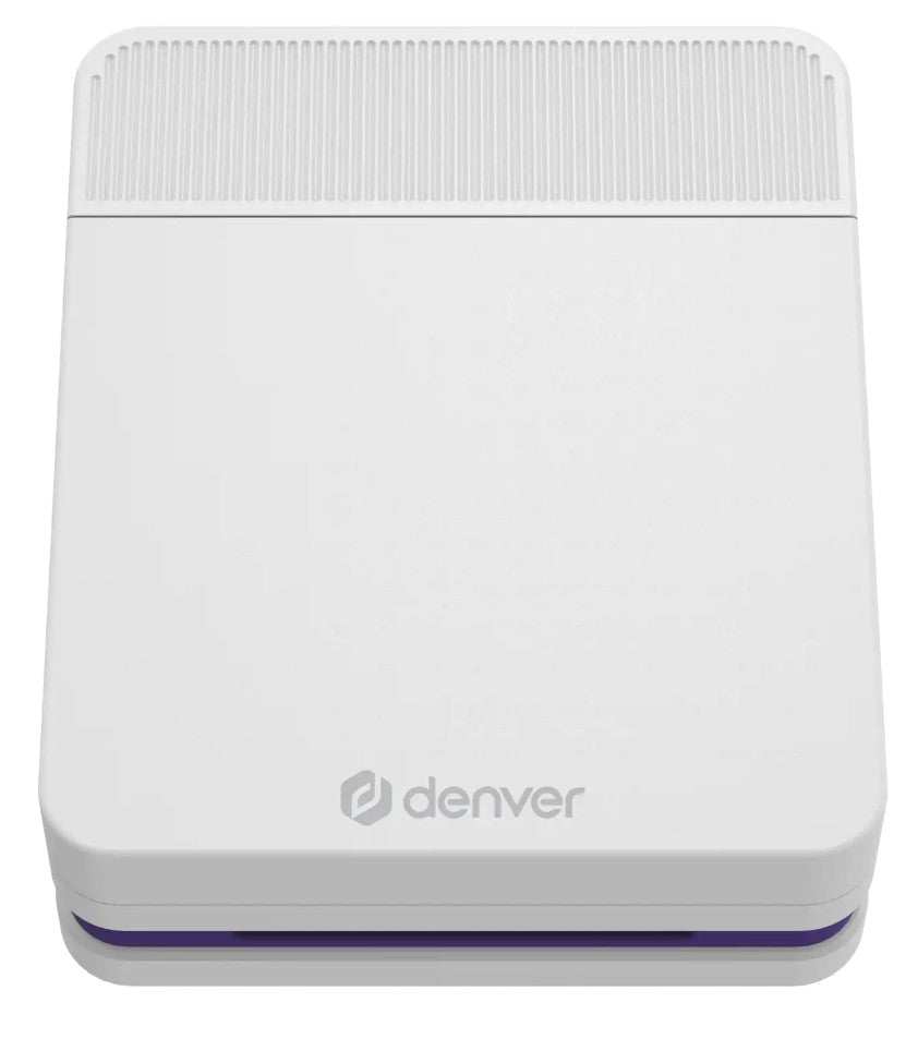 Denver MCP-6010 mobil farve blækprinter, hvid, rektangulær, Bluetooth, genopladeligt batteri, lilla detalje, ribbet top.