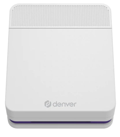 Denver MCP-6010 mobil farve blækprinter, hvid, rektangulær, Bluetooth, genopladeligt batteri, lilla detalje, ribbet top.