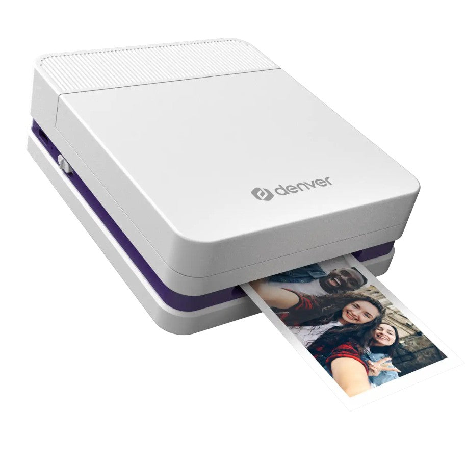 Denver MCP-6010 mobil farve blækprinter med Bluetooth, genopladeligt batteri, runde kanter og lilla accent.